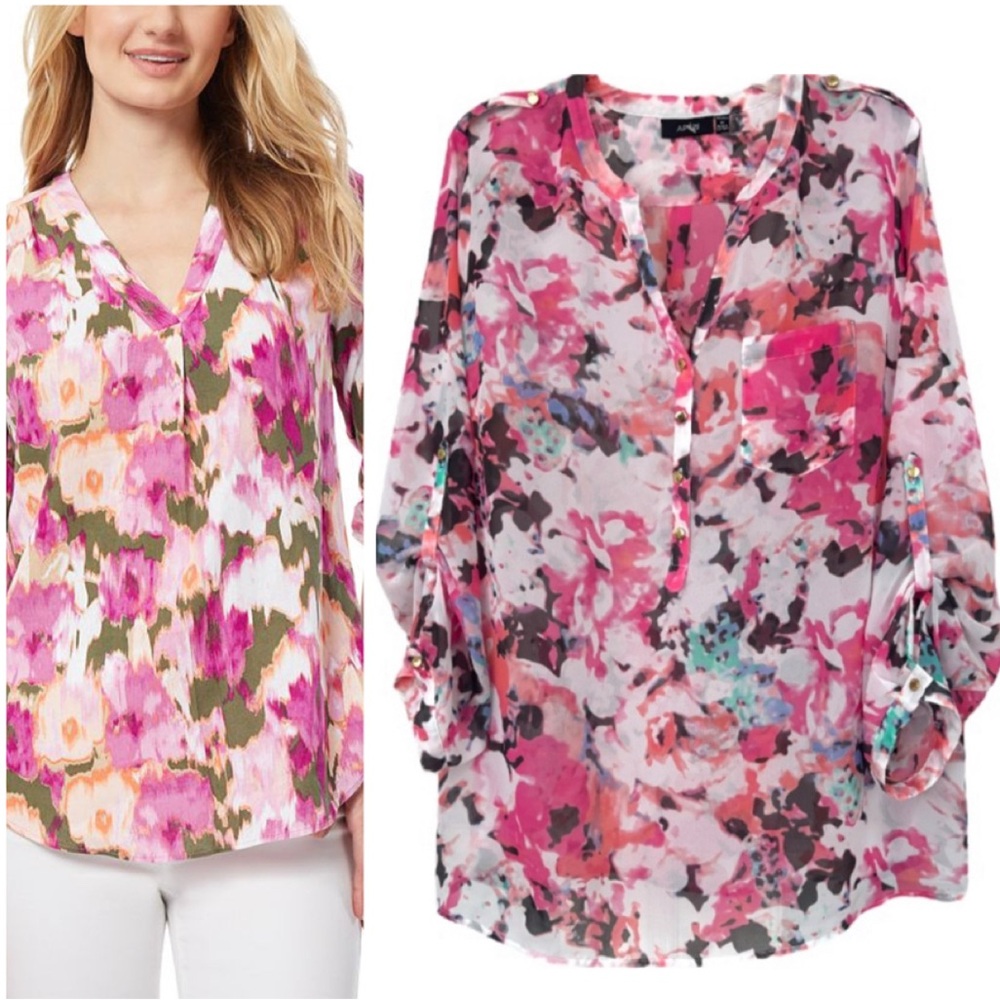 Floral Blouse Flowy Lightweight Watercolor Coquette White Pink Blue Gold Size 1X